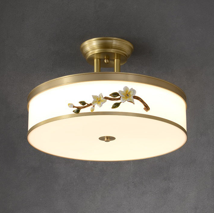 Traditional Chinese Brass Ceramic Plum Blossom Drum Shape Acrylic LED Semi-Flush Mount Ceiling Light For Bedroom