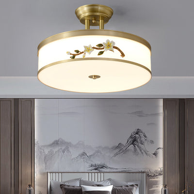 Traditional Chinese Brass Ceramic Plum Blossom Drum Shape Acrylic LED Semi-Flush Mount Ceiling Light For Bedroom