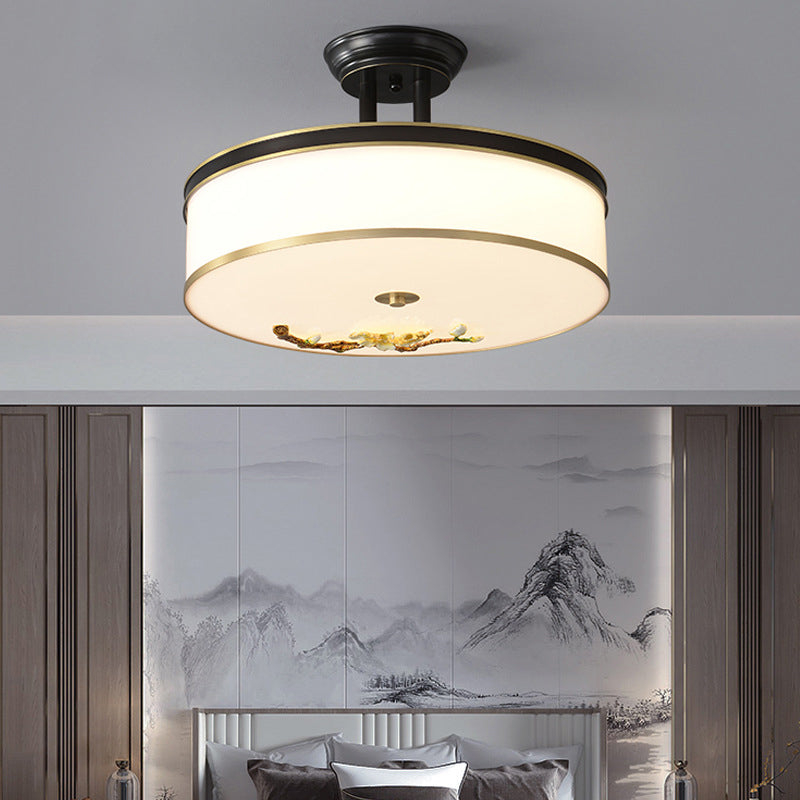 Traditional Chinese Brass Ceramic Plum Blossom Drum Shape Acrylic LED Semi-Flush Mount Ceiling Light For Bedroom