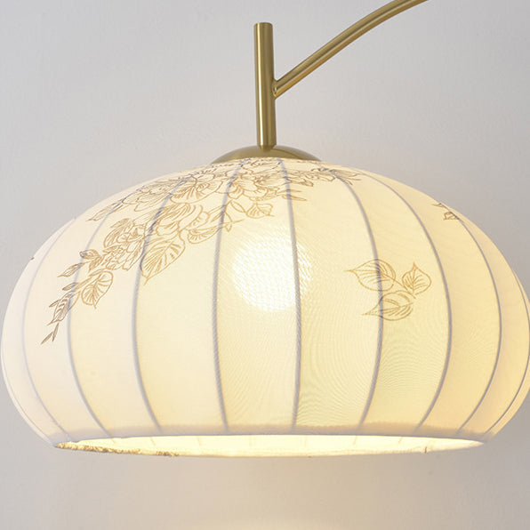 Traditional Chinese Round Oval Cone Flower Pattern Iron Fabric 1-Light Table Lamp For Bedroom