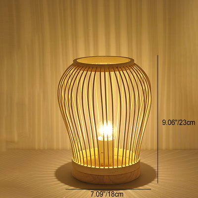 Contemporary Boho Wood Bamboo Weaving Lantern Shape 1-Light Table Lamp For Bedroom