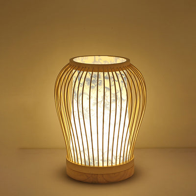 Contemporary Boho Wood Bamboo Weaving Lantern Shape 1-Light Table Lamp For Bedroom