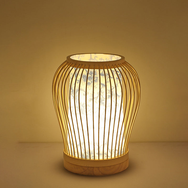 Contemporary Boho Wood Bamboo Weaving Lantern Shape 1-Light Table Lamp For Bedroom