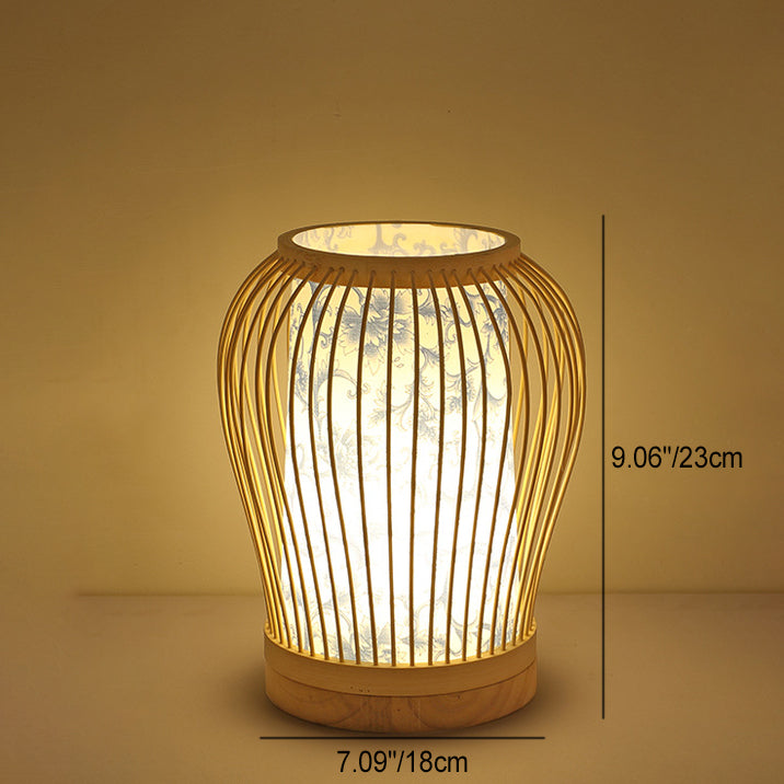 Contemporary Boho Wood Bamboo Weaving Lantern Shape 1-Light Table Lamp For Bedroom