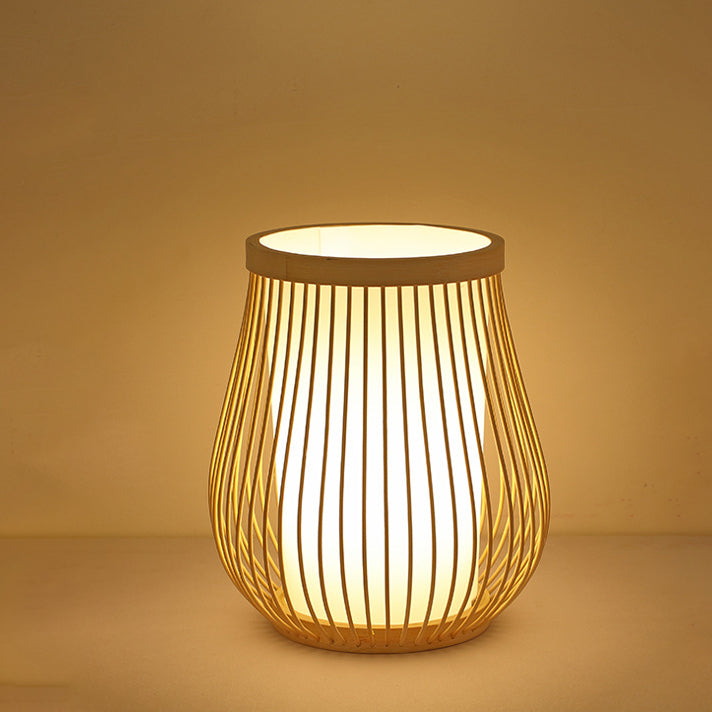 Contemporary Boho Wood Bamboo Weaving Lantern Shape 1-Light Table Lamp For Bedroom