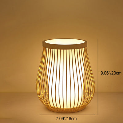 Contemporary Boho Wood Bamboo Weaving Lantern Shape 1-Light Table Lamp For Bedroom