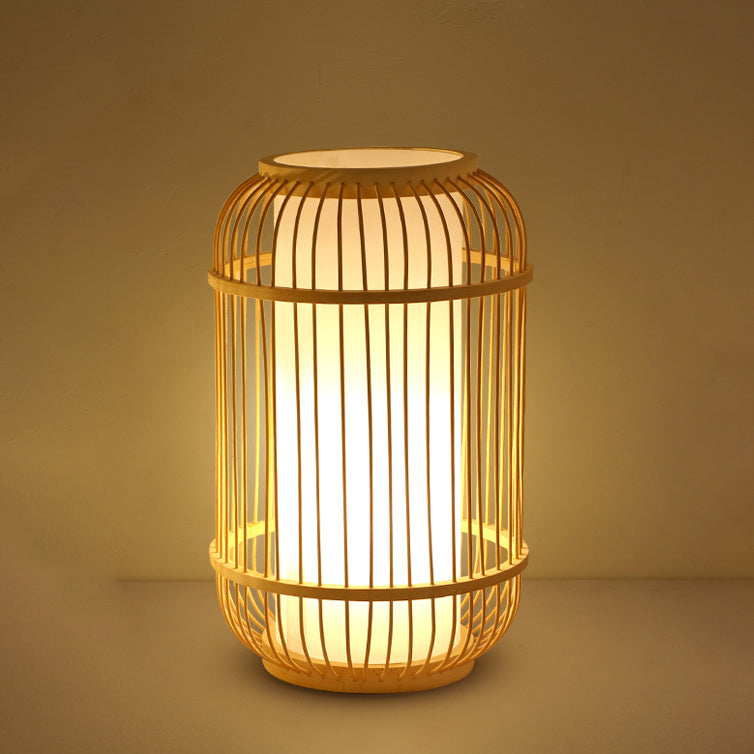 Contemporary Boho Wood Bamboo Weaving Lantern Shape 1-Light Table Lamp For Bedroom