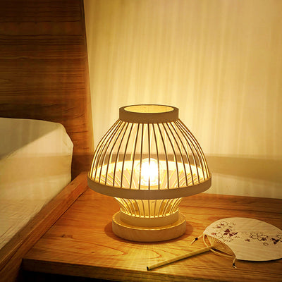 Contemporary Boho Wood Bamboo Weaving Lantern Shape 1-Light Table Lamp For Bedroom