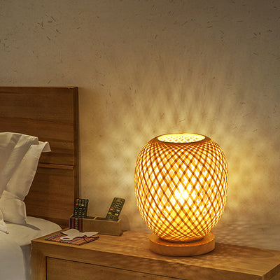 Contemporary Boho Wood Bamboo Weaving Lantern Shape 1-Light Table Lamp For Bedroom