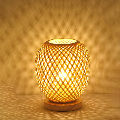 Contemporary Boho Wood Bamboo Weaving Lantern Shape 1-Light Table Lamp For Bedroom