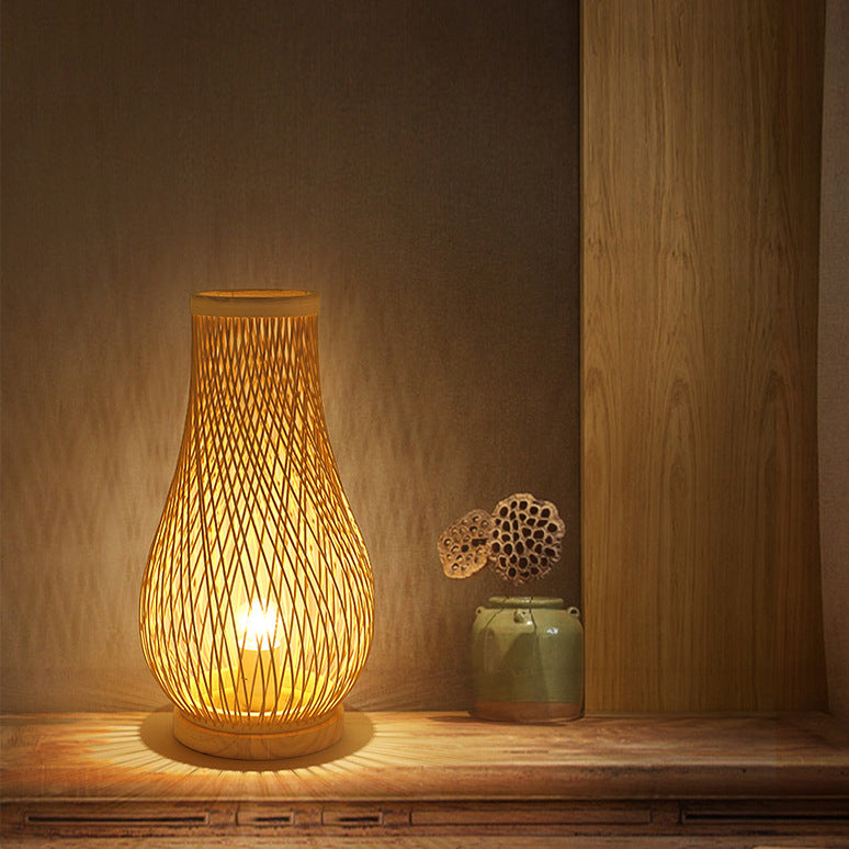 Contemporary Boho Wood Bamboo Weaving Lantern Shape 1-Light Table Lamp For Bedroom