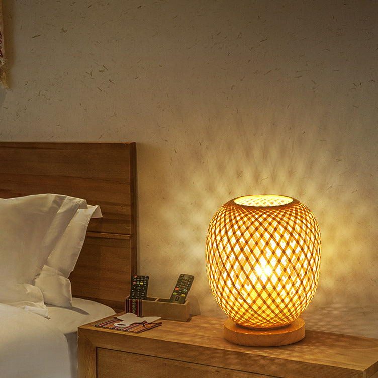 Contemporary Boho Wood Bamboo Weaving Lantern Shape 1-Light Table Lamp For Bedroom