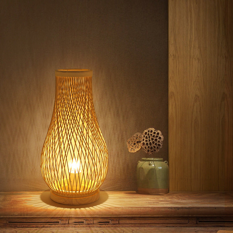 Contemporary Boho Wood Bamboo Weaving Lantern Shape 1-Light Table Lamp For Bedroom