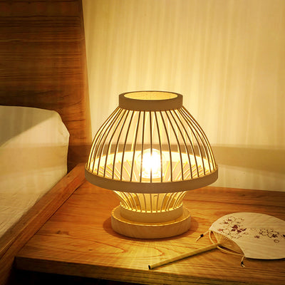 Contemporary Boho Wood Bamboo Weaving Lantern Shape 1-Light Table Lamp For Bedroom