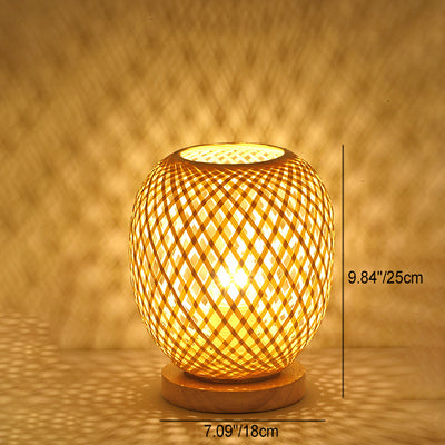 Contemporary Boho Wood Bamboo Weaving Lantern Shape 1-Light Table Lamp For Bedroom