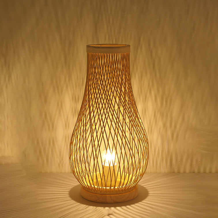 Contemporary Boho Wood Bamboo Weaving Lantern Shape 1-Light Table Lamp For Bedroom