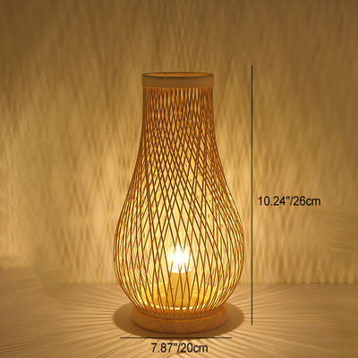 Contemporary Boho Wood Bamboo Weaving Lantern Shape 1-Light Table Lamp For Bedroom