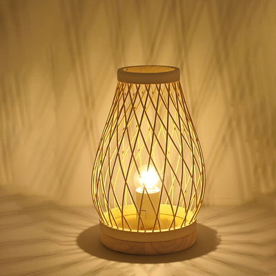 Contemporary Boho Wood Bamboo Weaving Lantern Shape 1-Light Table Lamp For Bedroom