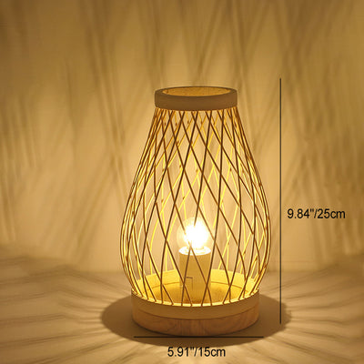 Contemporary Boho Wood Bamboo Weaving Lantern Shape 1-Light Table Lamp For Bedroom