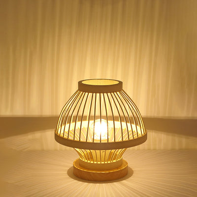 Contemporary Boho Wood Bamboo Weaving Lantern Shape 1-Light Table Lamp For Bedroom