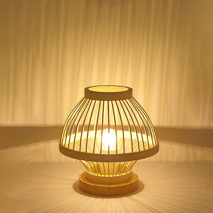 Contemporary Boho Wood Bamboo Weaving Lantern Shape 1-Light Table Lamp For Bedroom