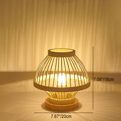 Contemporary Boho Wood Bamboo Weaving Lantern Shape 1-Light Table Lamp For Bedroom