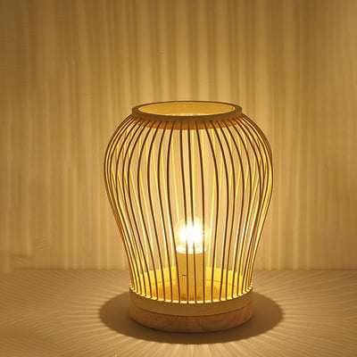 Contemporary Boho Wood Bamboo Weaving Lantern Shape 1-Light Table Lamp For Bedroom