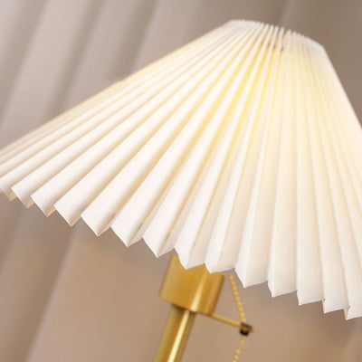 Contemporary Retro Pull Cord Round Base Pleated Linen Hardware 1-Light Table Lamp For Bedroom