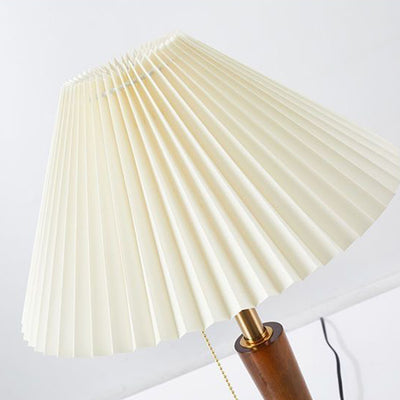 Contemporary Retro Pull Cord Round Base Pleated Linen Hardware 1-Light Table Lamp For Bedroom