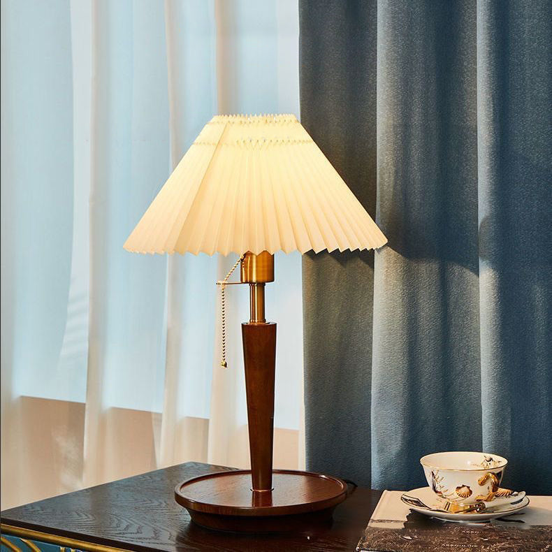 Contemporary Retro Pull Cord Round Base Pleated Linen Hardware 1-Light Table Lamp For Bedroom