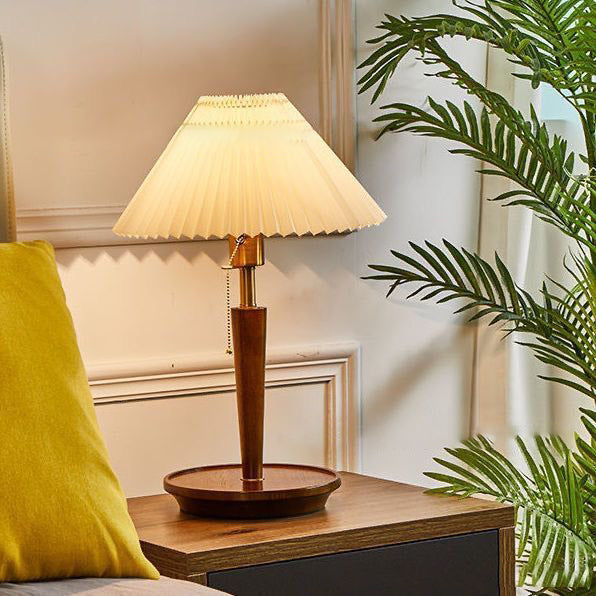 Contemporary Retro Pull Cord Round Base Pleated Linen Hardware 1-Light Table Lamp For Bedroom