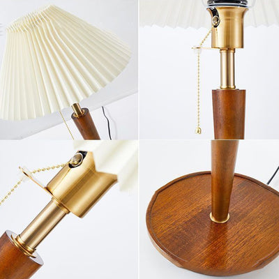 Contemporary Retro Pull Cord Round Base Pleated Linen Hardware 1-Light Table Lamp For Bedroom