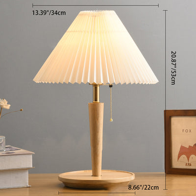 Contemporary Retro Pull Cord Round Base Pleated Linen Hardware 1-Light Table Lamp For Bedroom