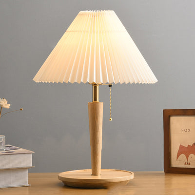 Contemporary Retro Pull Cord Round Base Pleated Linen Hardware 1-Light Table Lamp For Bedroom