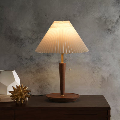 Contemporary Retro Pull Cord Round Base Pleated Linen Hardware 1-Light Table Lamp For Bedroom