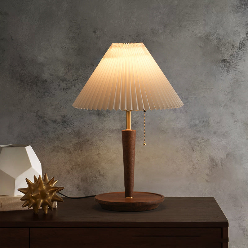 Contemporary Retro Pull Cord Round Base Pleated Linen Hardware 1-Light Table Lamp For Bedroom