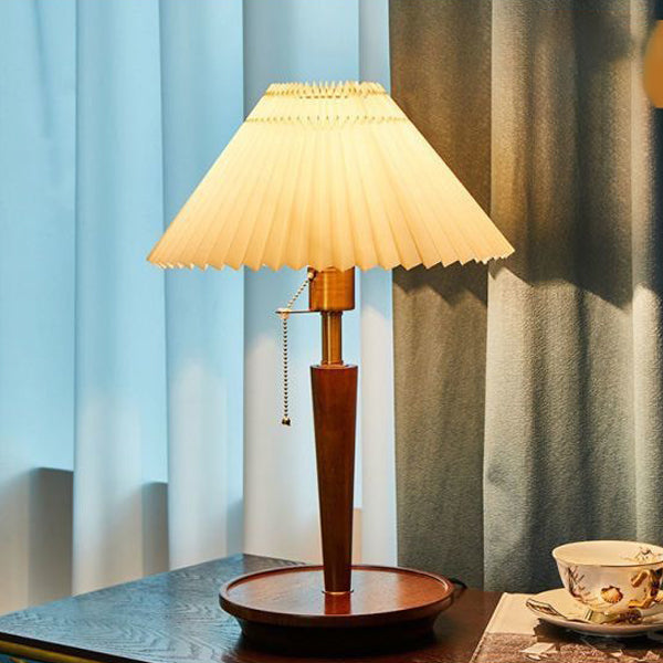 Contemporary Retro Pull Cord Round Base Pleated Linen Hardware 1-Light Table Lamp For Bedroom