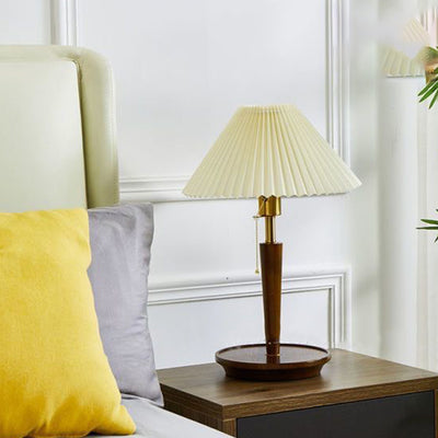 Contemporary Retro Pull Cord Round Base Pleated Linen Hardware 1-Light Table Lamp For Bedroom