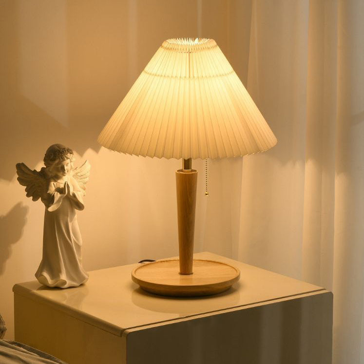 Contemporary Retro Pull Cord Round Base Pleated Linen Hardware 1-Light Table Lamp For Bedroom