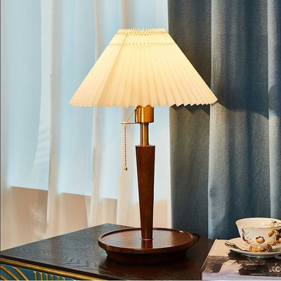 Contemporary Retro Pull Cord Round Base Pleated Linen Hardware 1-Light Table Lamp For Bedroom