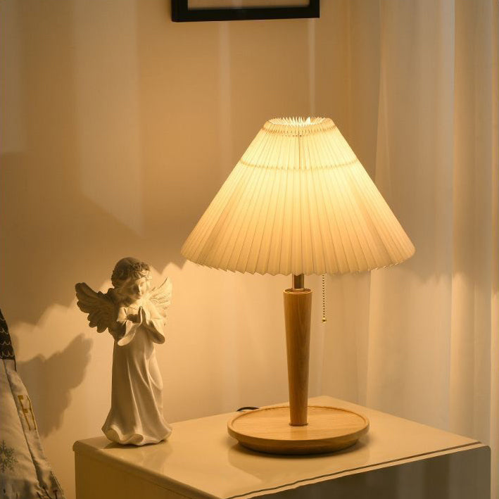 Contemporary Retro Pull Cord Round Base Pleated Linen Hardware 1-Light Table Lamp For Bedroom