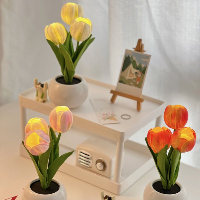 Contemporary Creative Tulip Flower Ceramic PU USB LED Table Lamp For Bedroom