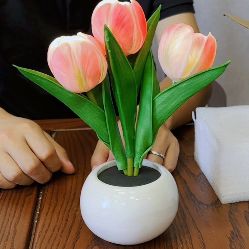 Contemporary Creative Tulip Flower Ceramic PU USB LED Table Lamp For Bedroom