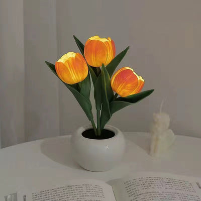 Contemporary Creative Tulip Flower Ceramic PU USB LED Table Lamp For Bedroom