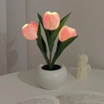 Contemporary Creative Tulip Flower Ceramic PU USB LED Table Lamp For Bedroom