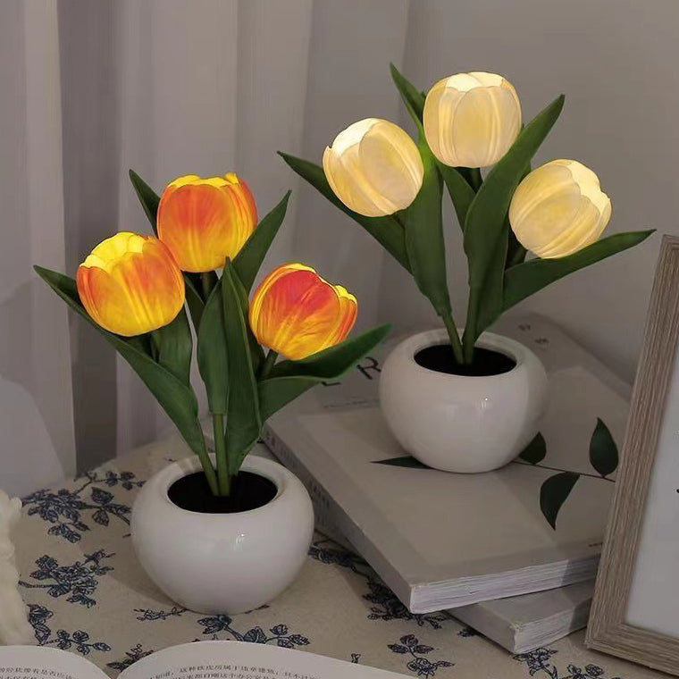 Contemporary Creative Tulip Flower Ceramic PU USB LED Table Lamp For Bedroom