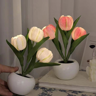 Contemporary Creative Tulip Flower Ceramic PU USB LED Table Lamp For Bedroom