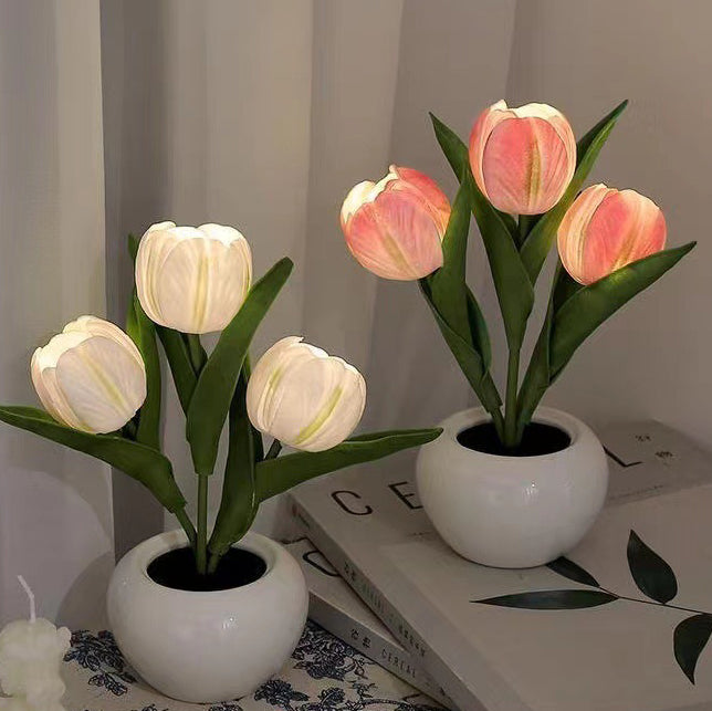 Contemporary Creative Tulip Flower Ceramic PU USB LED Table Lamp For Bedroom