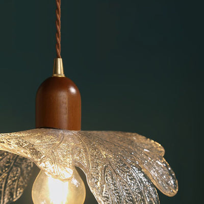 Contemporary Retro Walnut Wood Brass Glass Flower 1-Light Pendant Light For Dining Room