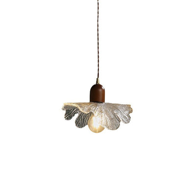 Contemporary Retro Walnut Wood Brass Glass Flower 1-Light Pendant Light For Dining Room